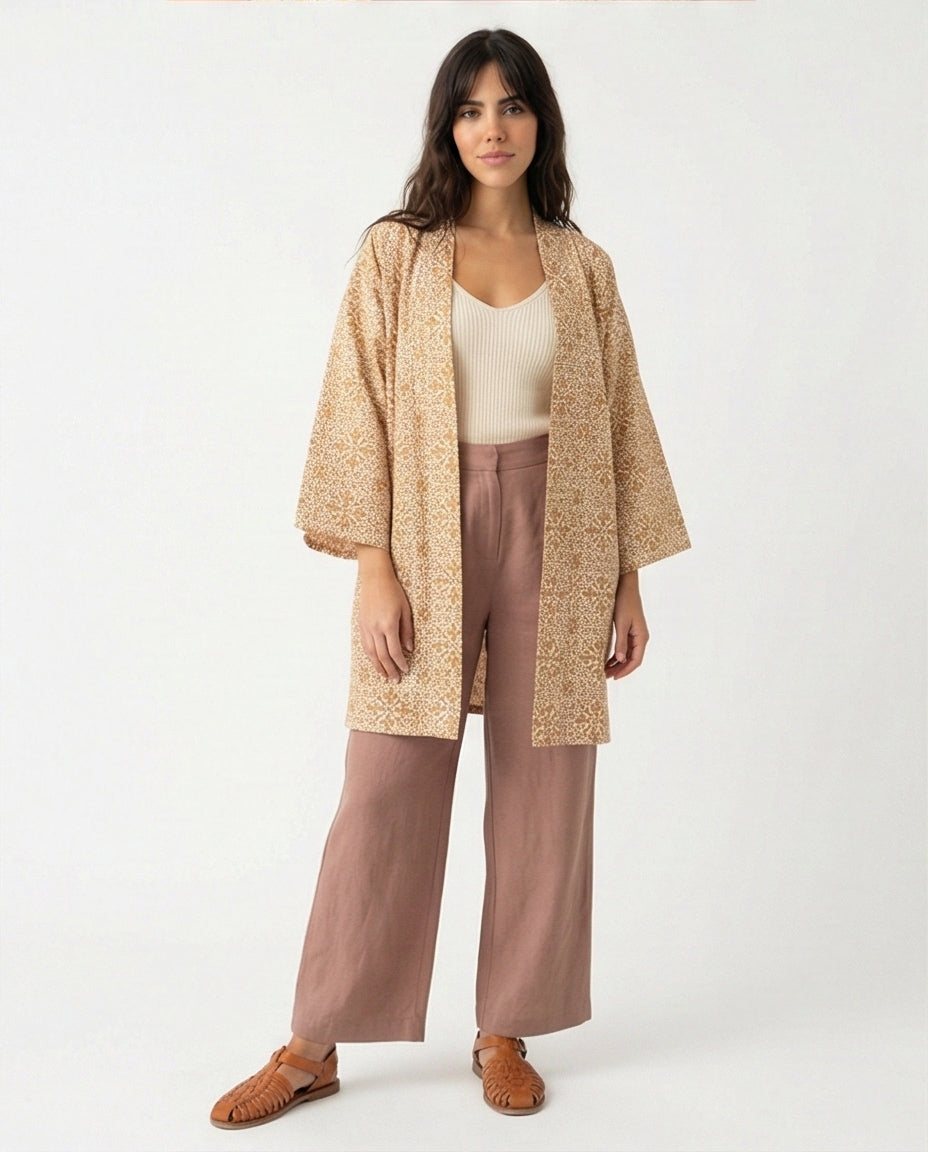 Floral Printed Crepe Chiffon Kimono - Beige