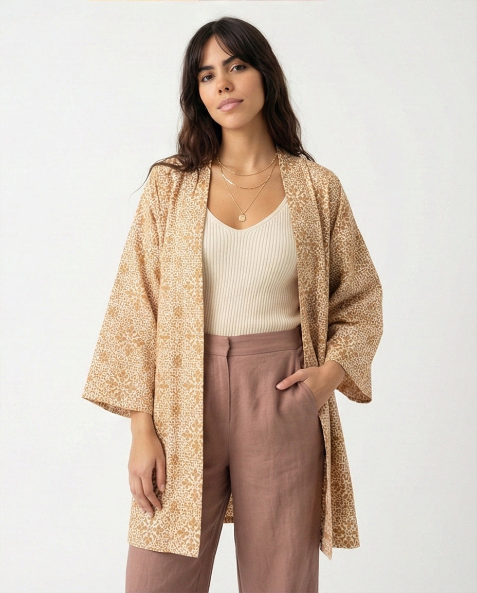 R206501 - Floral Printed Crepe Chiffon Kimono - Beige