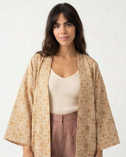 R206501 - Floral Printed Crepe Chiffon Kimono - Beige