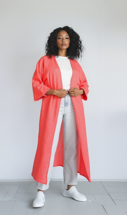 R206557 - Textured Tricot Kimono - Coral Pink