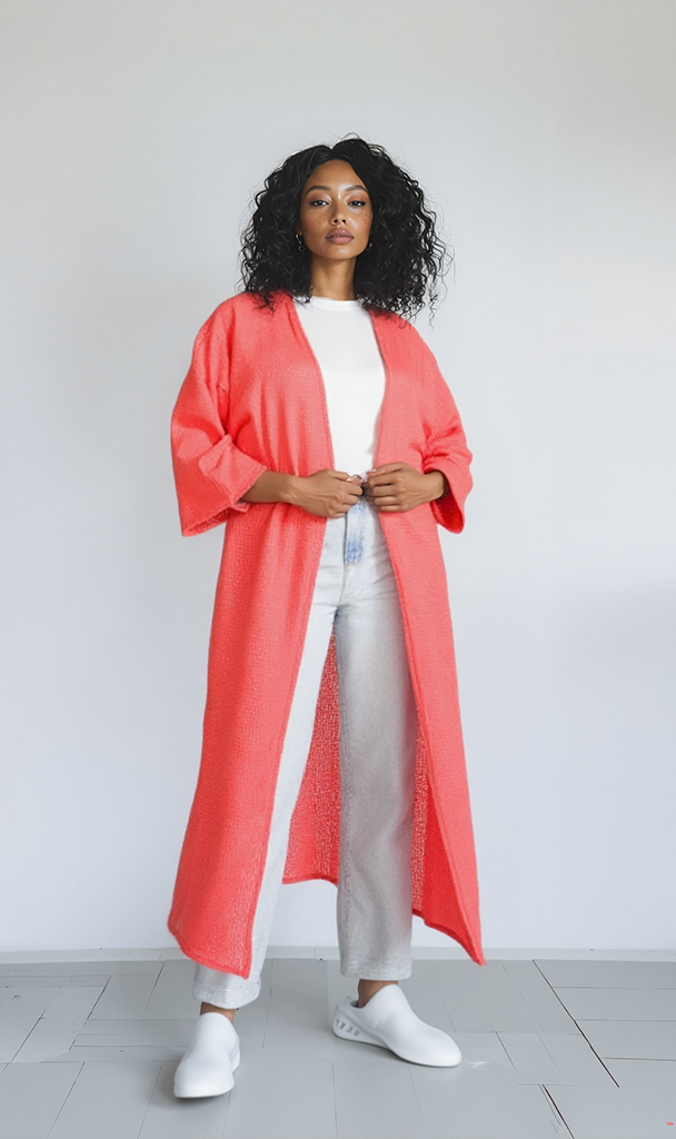 Textured Tricot Kimono - Coral Pink