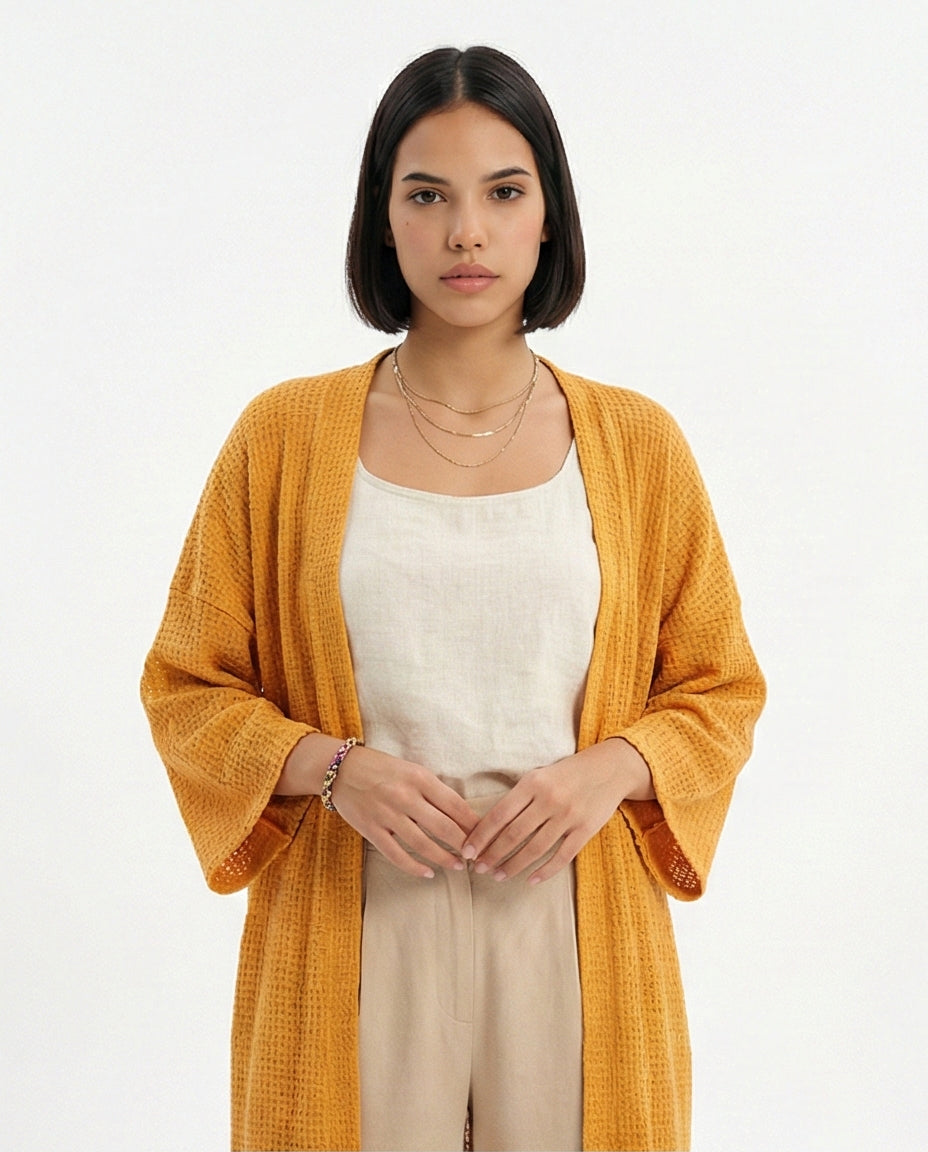 R206559 - Tricot Textured Kimono - Mustard Yellow