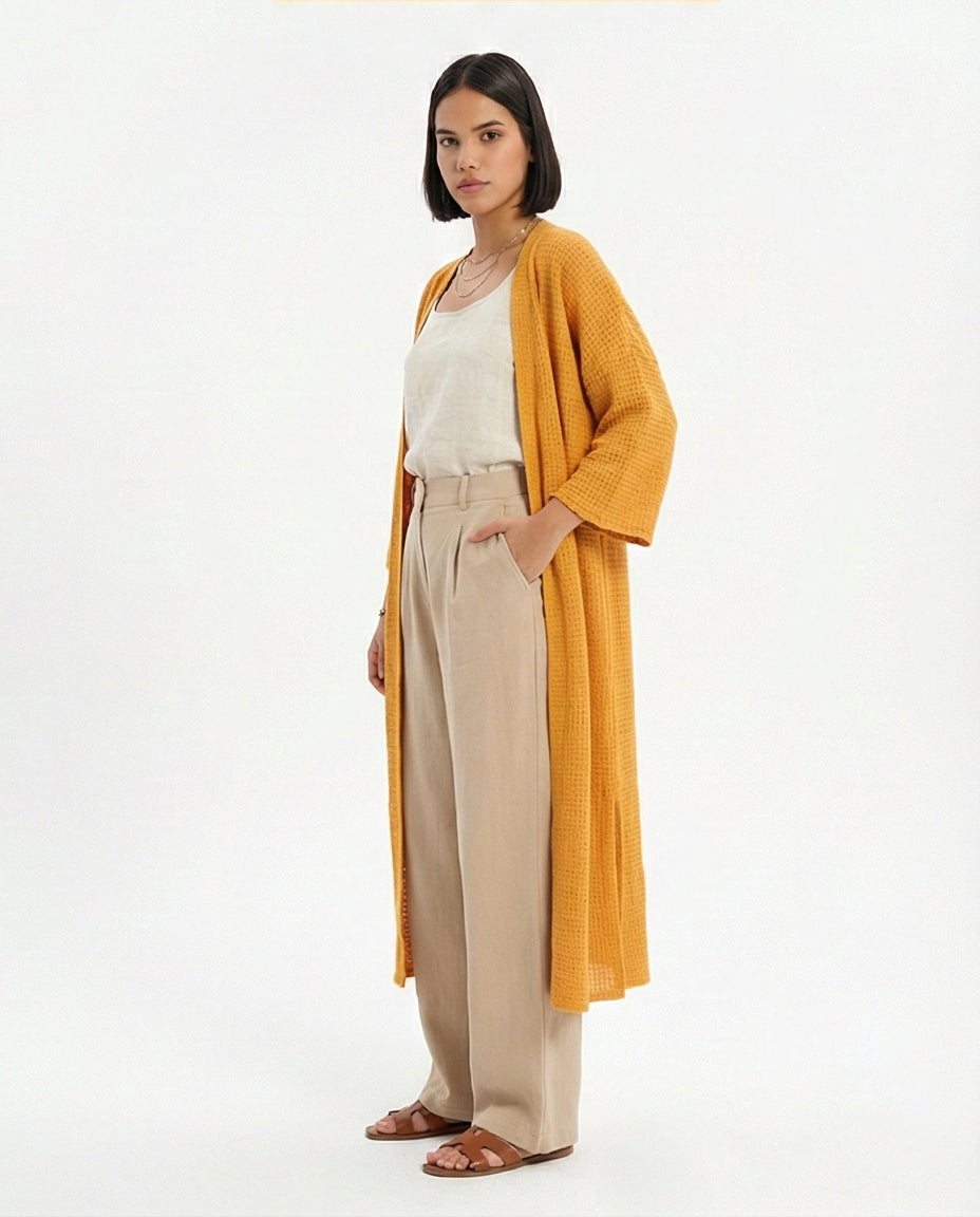 R206559 - Tricot Textured Kimono - Mustard Yellow