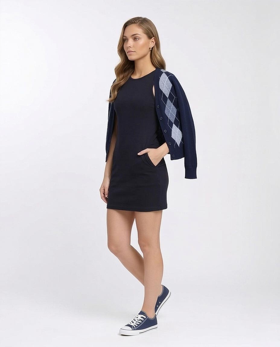 R207224 - Cotton Sleeveless Bodycon Short Dress - Navy Blue