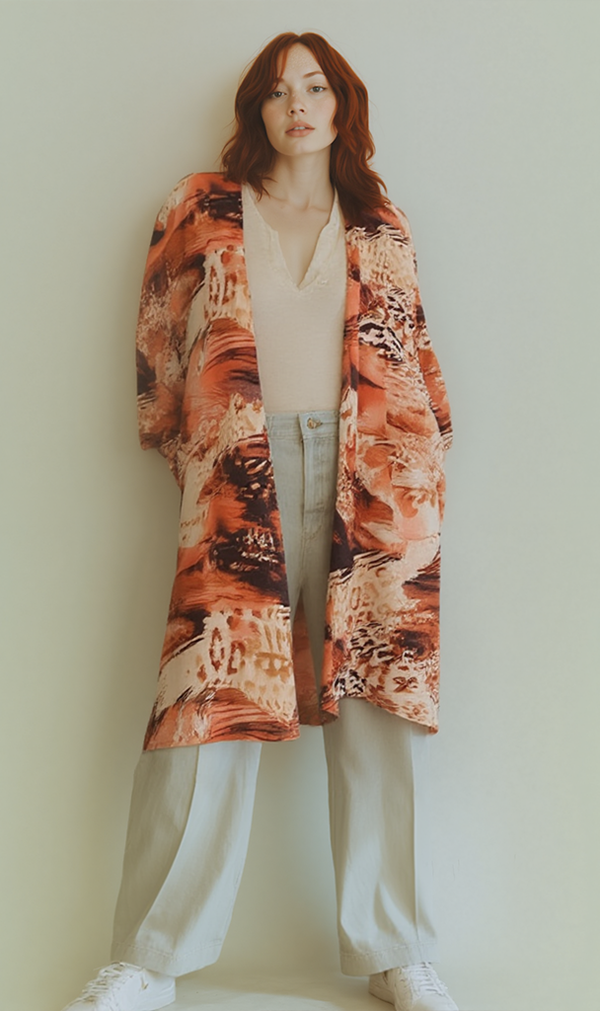 R207945 - Printed Linen Look Kimono - Abstract Brown