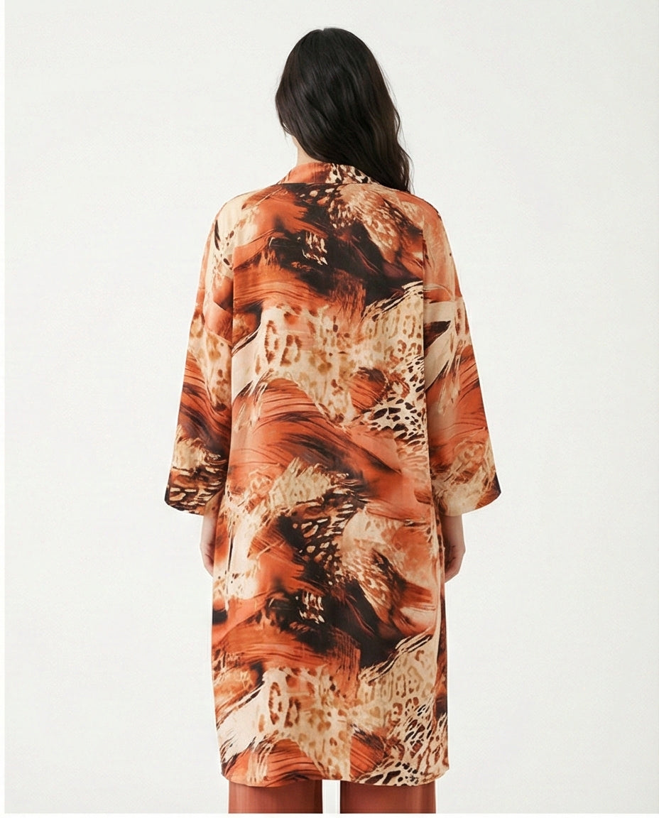 R207945 - Printed Linen Look Kimono - Abstract Brown