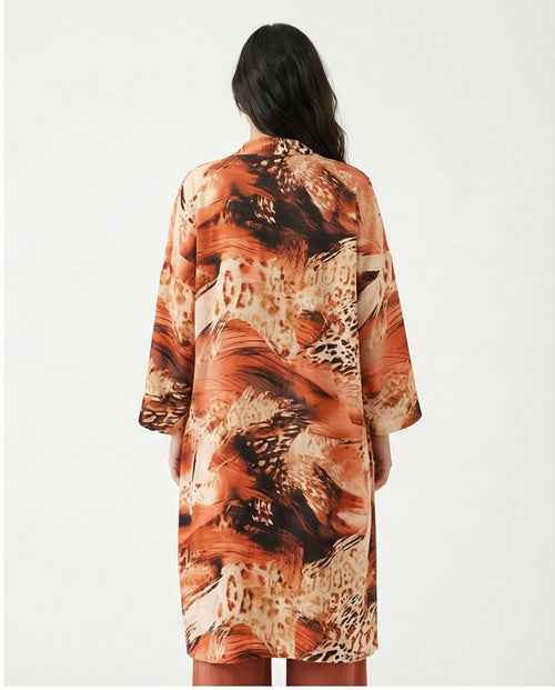 R207945 - Printed Linen Look Kimono - Abstract Brown