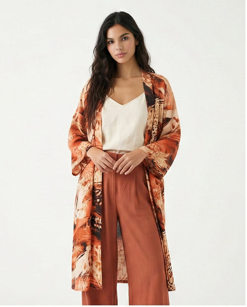 R207945 - Printed Linen Look Kimono - Abstract Brown