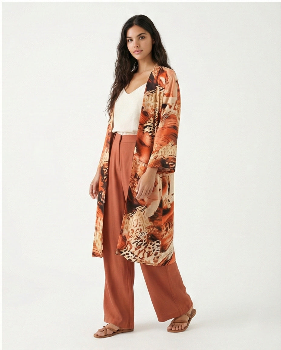 R207945 - Printed Linen Look Kimono - Abstract Brown