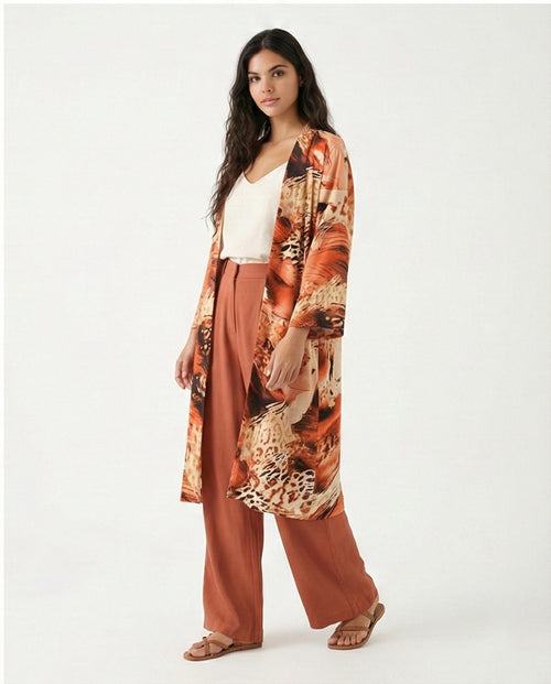 R207945 - Printed Linen Look Kimono - Abstract Brown