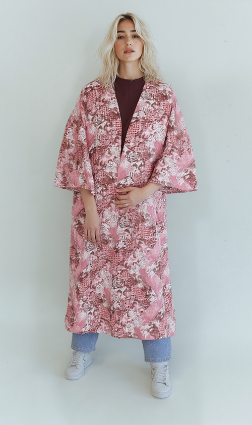 Printed Linen Look Kimono - Pink Abstract