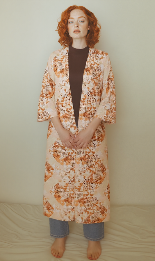 R207947 - Printed Linen Look Kimono - Beige & Orange Geometric