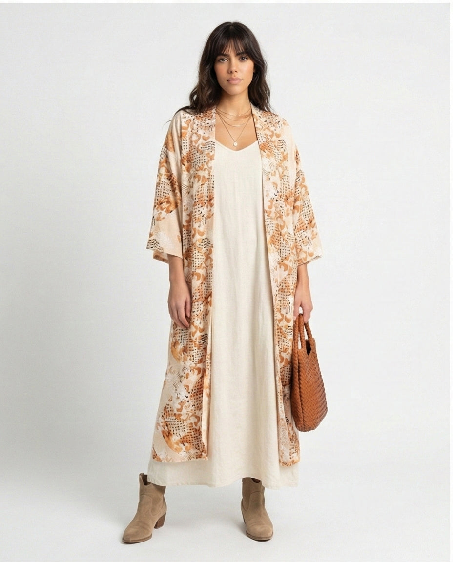 Printed Linen Look Kimono - Beige & Orange Geometric