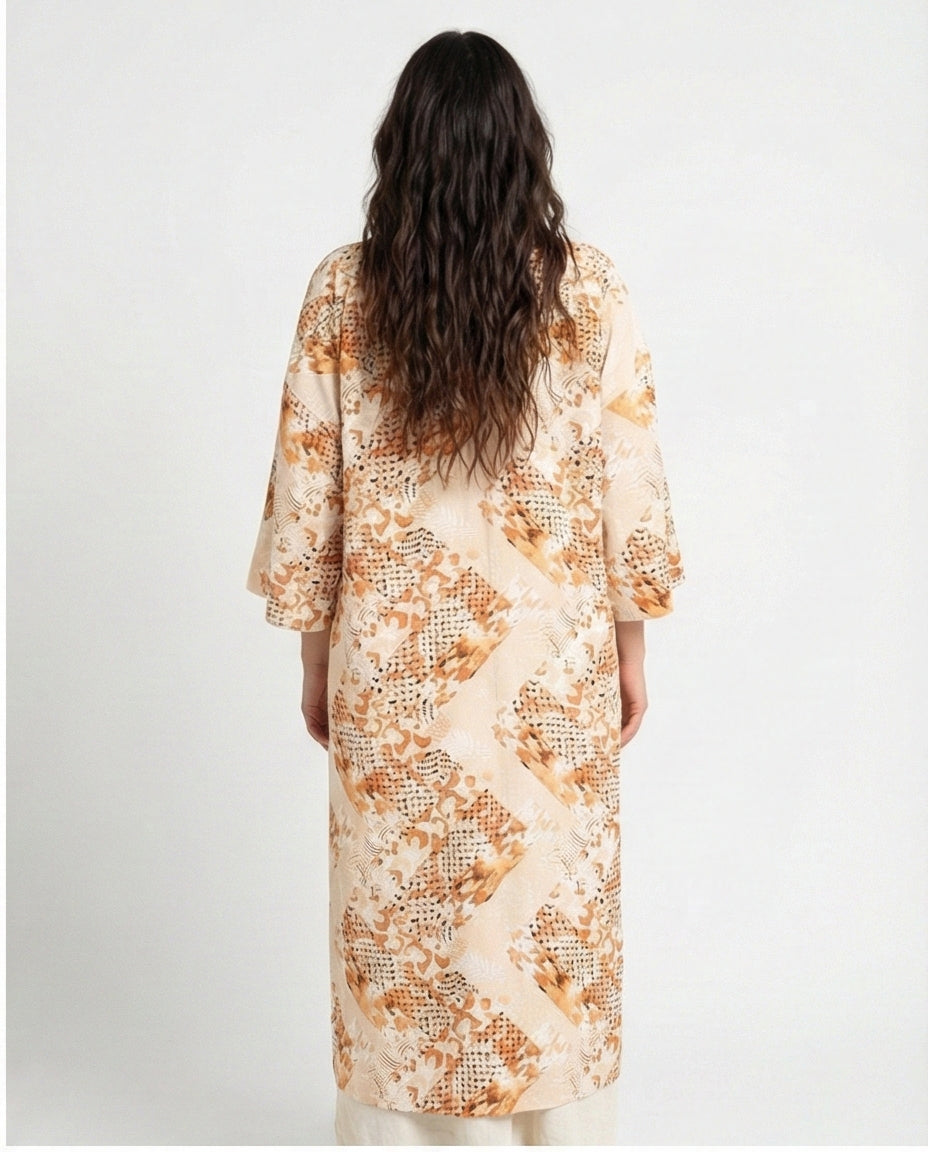 R207947 - Printed Linen Look Kimono - Beige & Orange Geometric