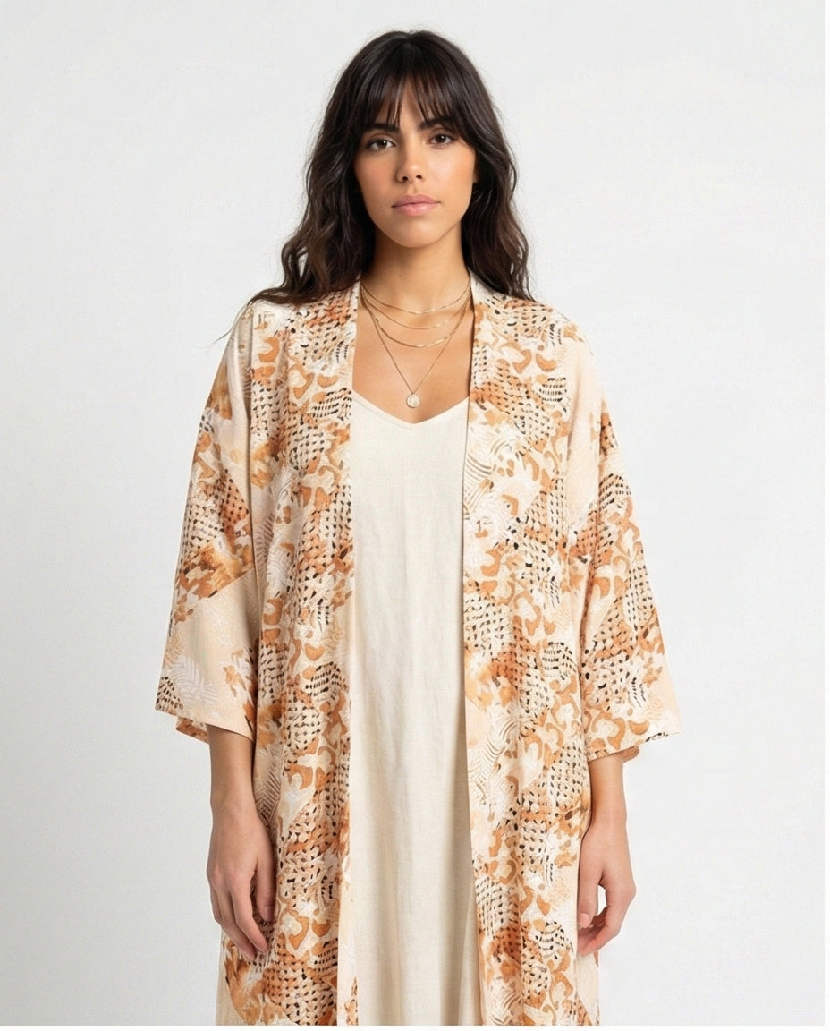 R207947 - Printed Linen Look Kimono - Beige & Orange Geometric