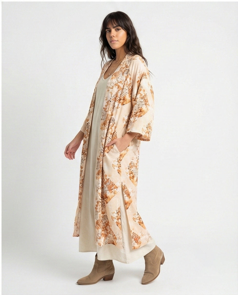 R207947 - Printed Linen Look Kimono - Beige & Orange Geometric