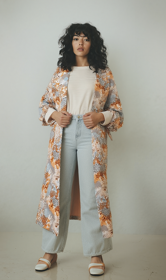 R207948 - Printed Kimono - Orange Geometric Pattern