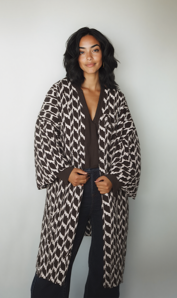 Crepe Chiffon Printed Kimono - Black & White Geometric