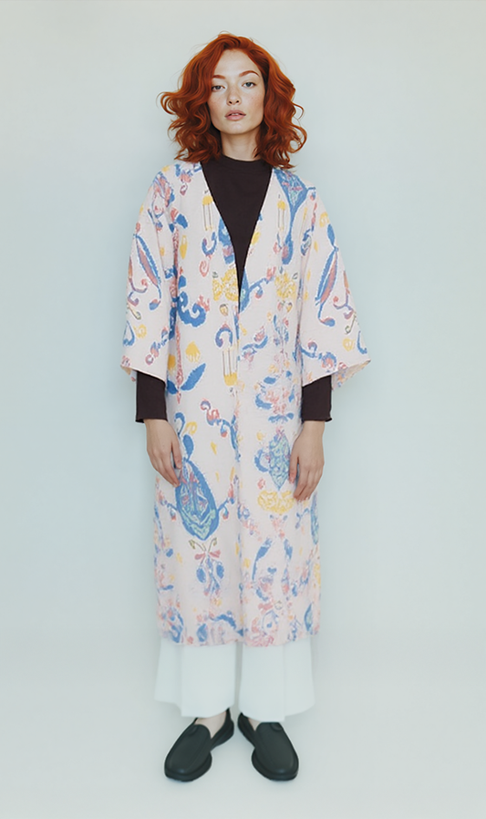 R208479 - Printed Linen Kimono - Moroccan Blue & Beige