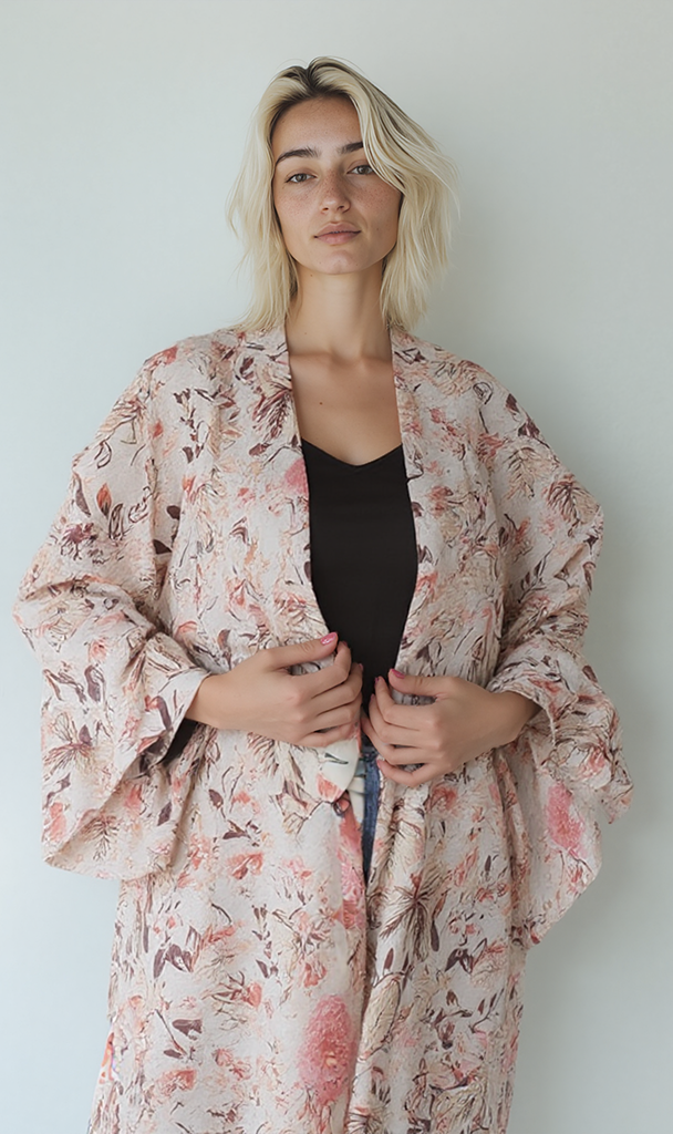 Printed Linen Kimono - Floral Beige
