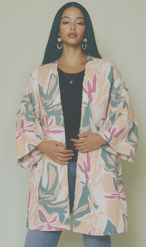 Printed Linen Look Kimono - Beige Tropical Print