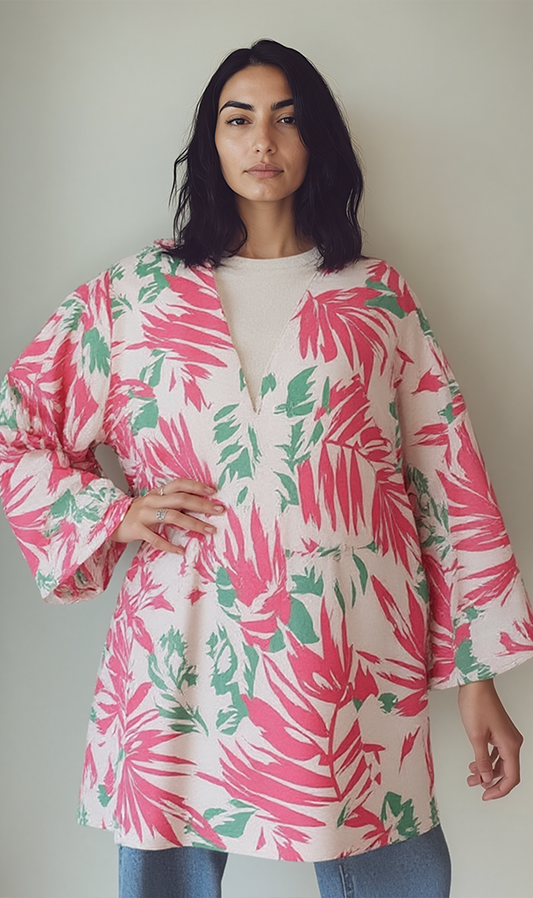 R208483 - Floral Printed Linen Kimono - Pink & Green