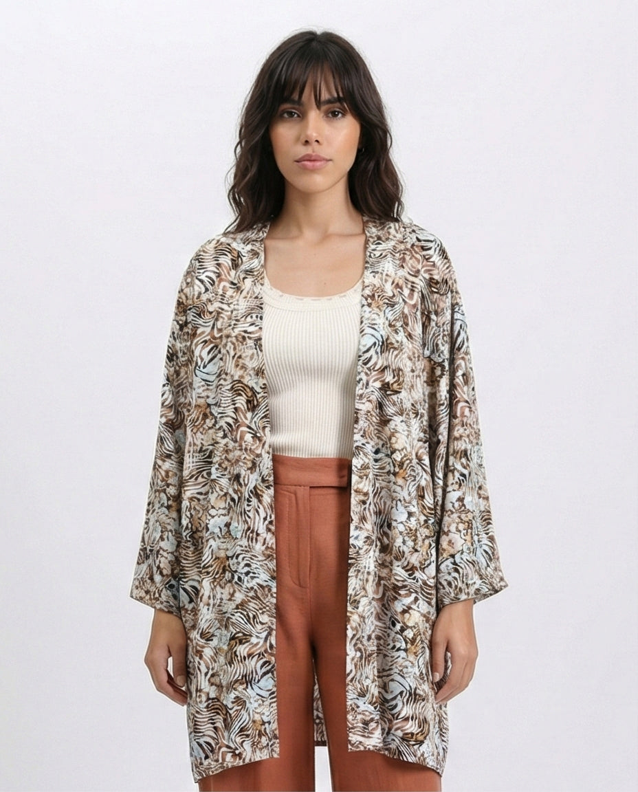 R209479 - Zebra Slip On Lightweight Cardigan - Brown & Light Blue