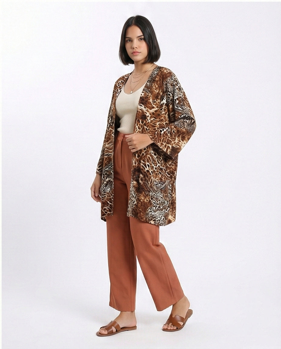 R209483 - Leopard Slip On Lightweight Cardigan - Brown
