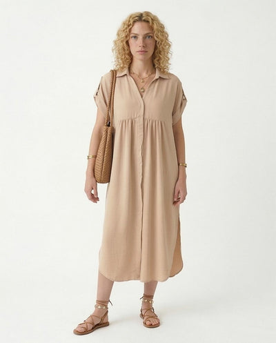 Ravin Women's Crinkle-Textured V-Neck Midi Shirt Dress - Sand