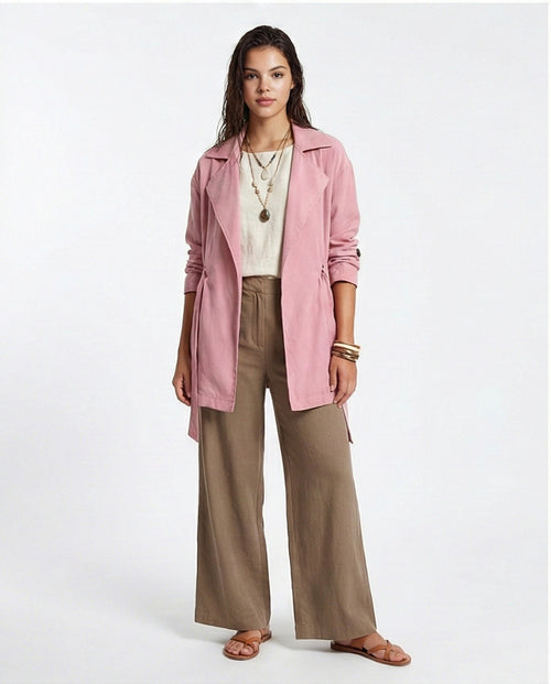 Notched Lapel Solid Belted Jacket - Light Pink