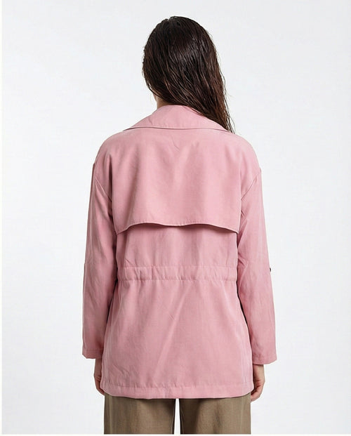 R210309 - Notched Lapel Solid Belted Jacket - Light Pink