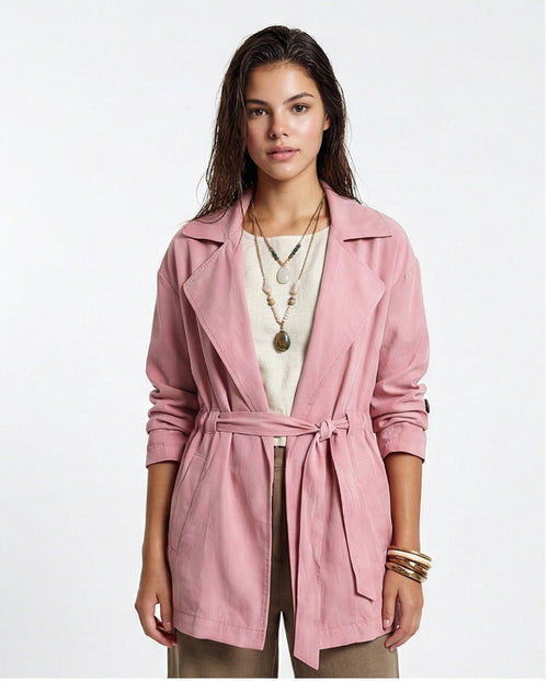 R210309 - Notched Lapel Solid Belted Jacket - Light Pink