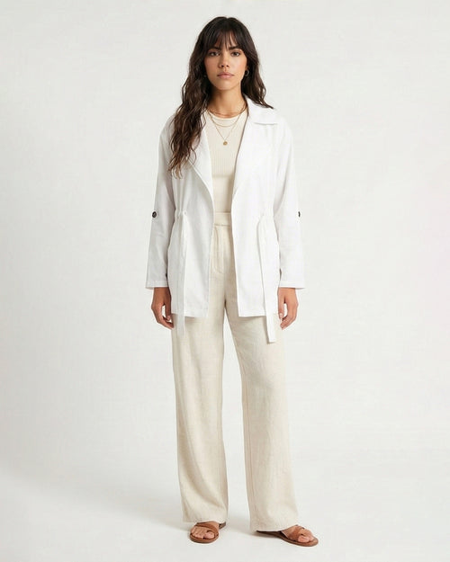 Notched Lapel Solid Belted Jacket - White