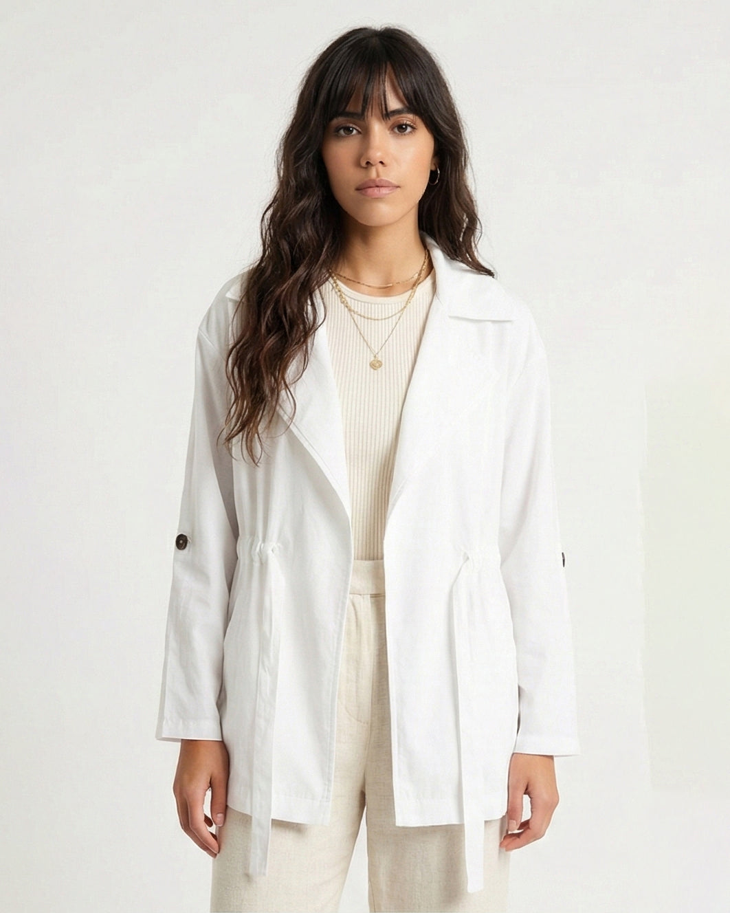 R210310 - Notched Lapel Solid Belted Jacket - White