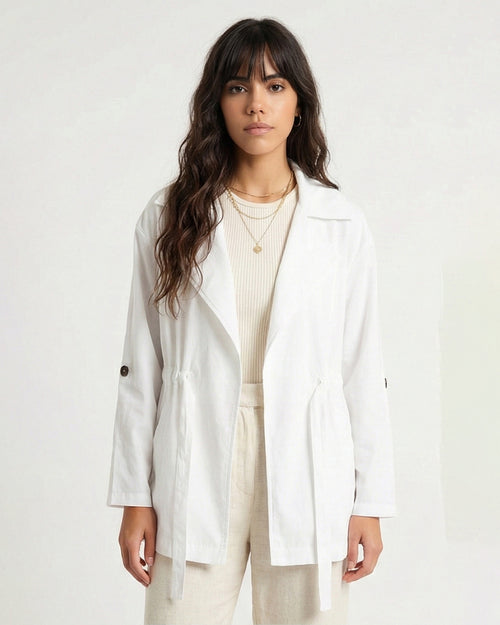 R210310 - Notched Lapel Solid Belted Jacket - White