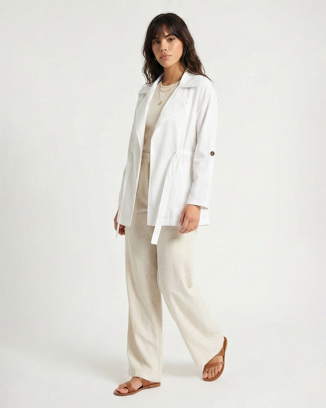 R210310 - Notched Lapel Solid Belted Jacket - White