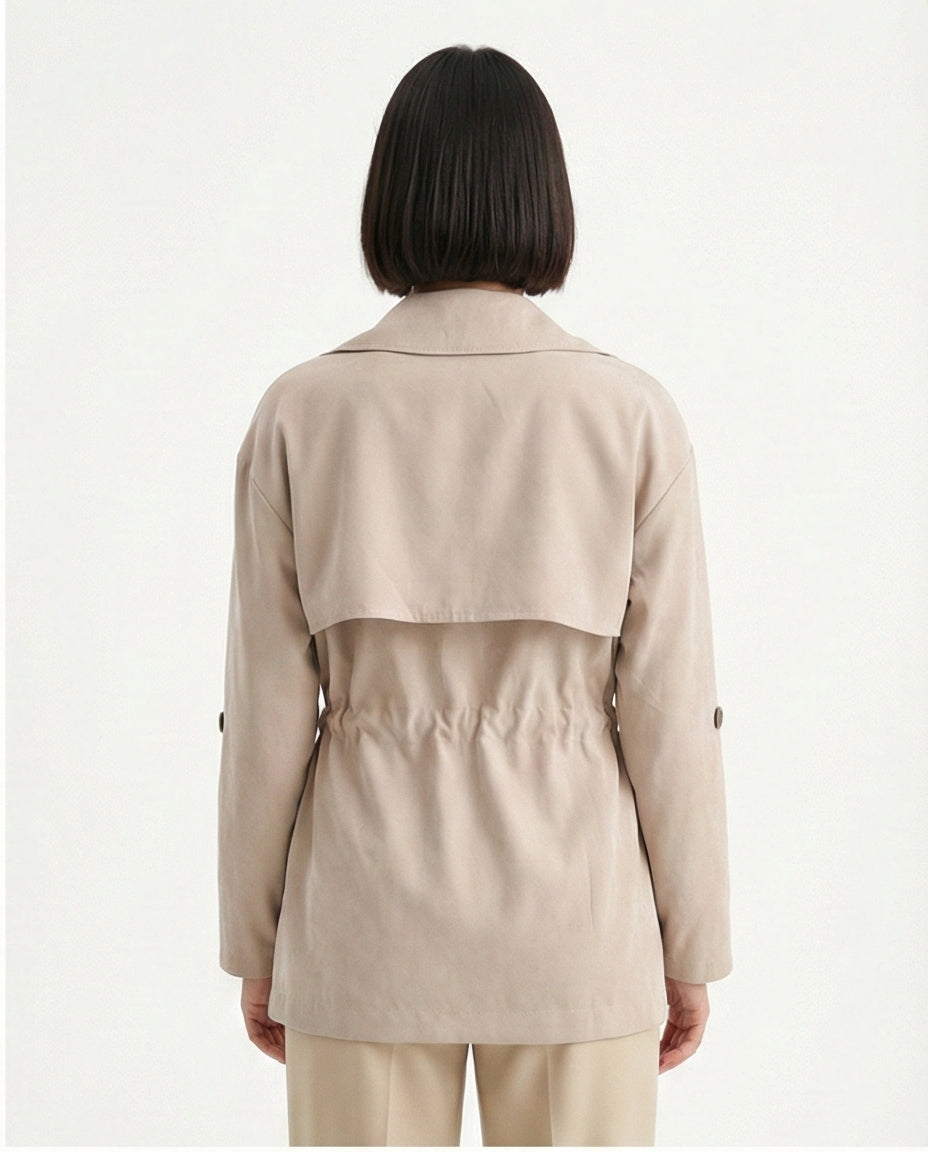 R210311 - Notched Lapel Solid Belted Jacket - Coffee