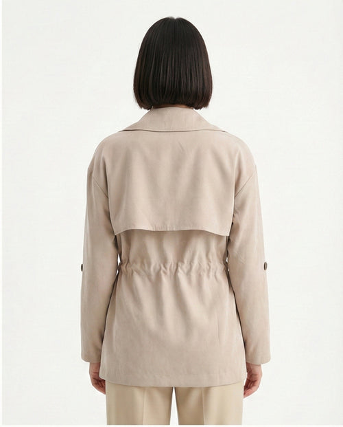 R210311 - Notched Lapel Solid Belted Jacket - Coffee
