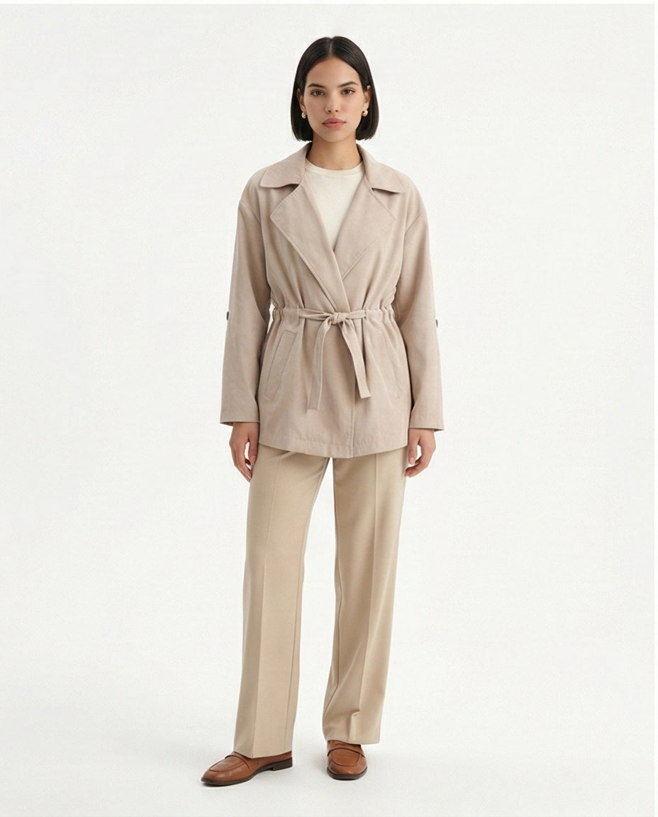 Notched Lapel Solid Belted Jacket - Coffee