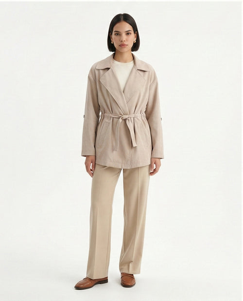 Notched Lapel Solid Belted Jacket - Coffee