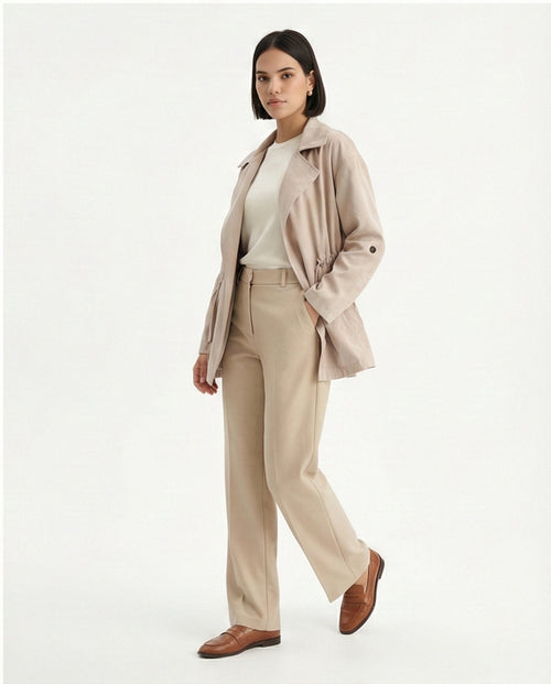 R210311 - Notched Lapel Solid Belted Jacket - Coffee