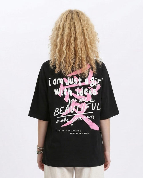 Ravin Women's Oversized Raglan T-Shirt with Graphic Back Print - Black - R210324