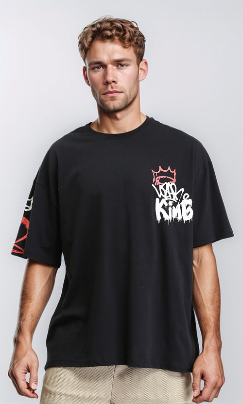 R210536 - Printed "King" Slip On Summer Tee - Black