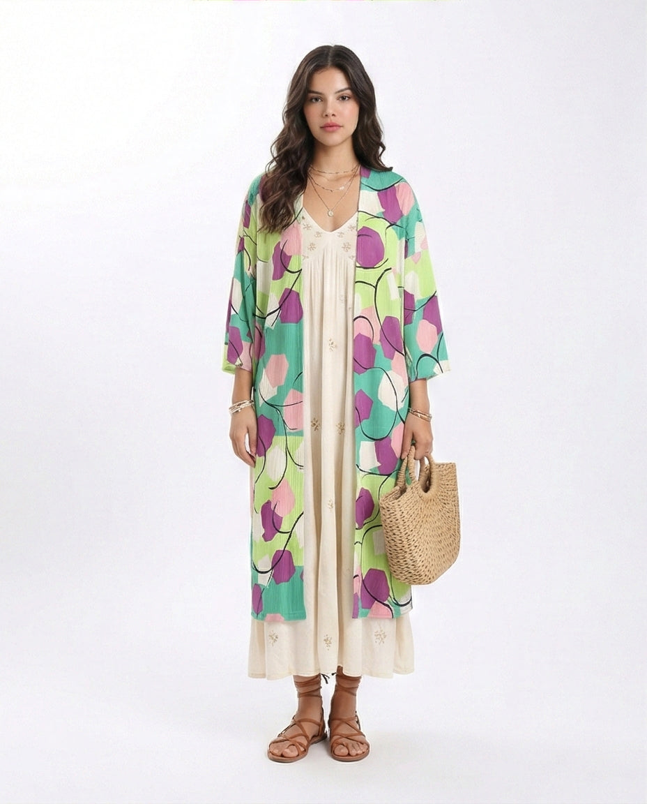 R210705 - Open Neckline Patterned Cardigan - Green & Magenta