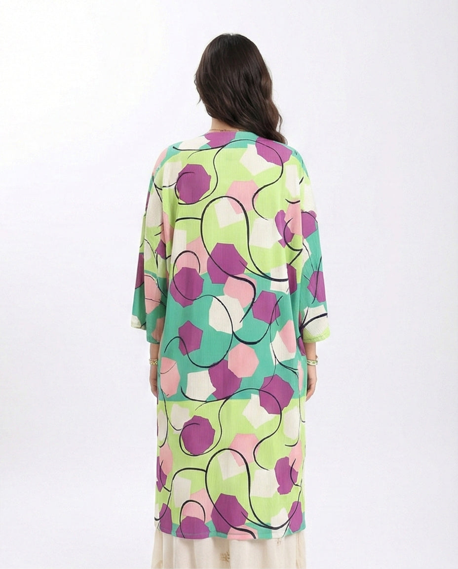 R210705 - Open Neckline Patterned Cardigan - Green & Magenta