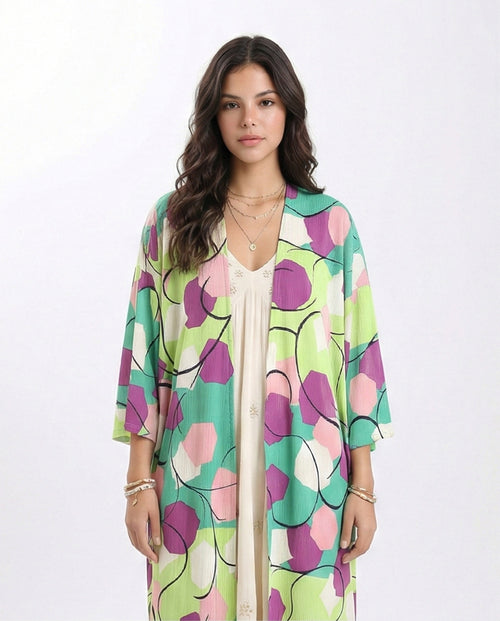 R210705 - Open Neckline Patterned Cardigan - Green & Magenta