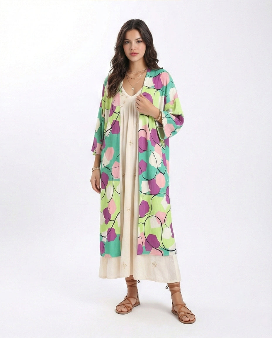 Open Neckline Patterned Cardigan - Green & Magenta