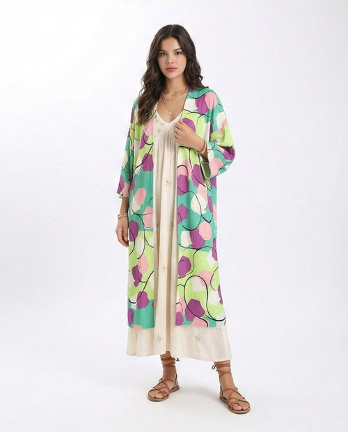 Open Neckline Patterned Cardigan - Green & Magenta