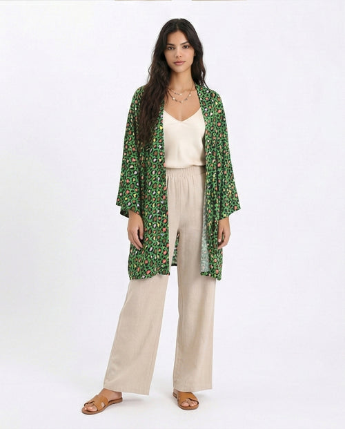 Leopard Long Sleeves Colorful Cardigan - Green