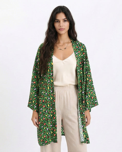 R210710 - Leopard Long Sleeves Colorful Cardigan - Green